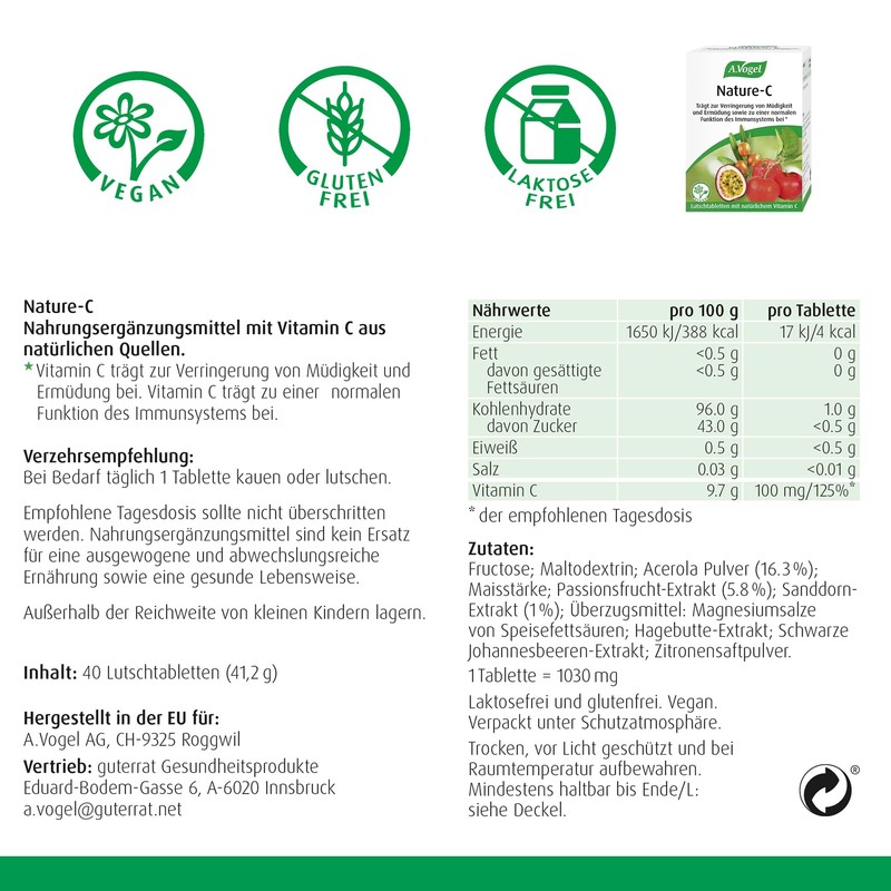 A.Vogel Vitamin C Tablets, 40 Lozenges, Natural Vitamin C, Vegan,