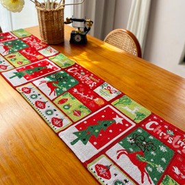 Elk Bell Tree Runner with Tassels, Cotton Merry Christmas Table Runner, Red Seasonal Winter Xmas Holiday Kitchen Dining Table Decoration for Indoor Outdoor Home Party Christmas Decor, 12.6" x74.8"