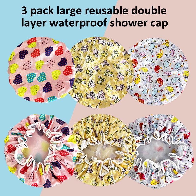 Shower Cap for Kids, 3 Pack Large Reusable Double Layer