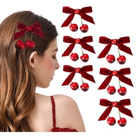 6PCS Cherry Bow Hair Clip,Cute Hairpin Realistic Cherry Hair Clips,Red Velvet Bow Hairpin Chirmas Cute Alligator Clips Artificial Fruit Hair Barrettes Women Girls Teen Hair Accessories