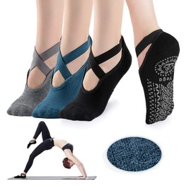 Ruikefeiyang Yoga Socks for Women Non-Slip Grips & Straps, Ideal for Pilates, Pure Barre, Ballet, Dance, Barefoot Workout (3 Pairs-Blue/grey/black)