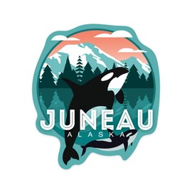 Die Cut Sticker Juneau, Alaska, Orca and Calf, Contour Vinyl Sticker 3 to 6 inches, (Waterproof Decal for Cars, Water Bottles, Laptops, Coolers), Large