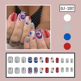 Independence Day Press on Nails Short Square Shaped Artificial Extra Short Length Fake Nails with Patriotic Designs Acrylic Square False Nails with July 4th Glue ons Fingernails for Women(DJ207)