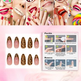 Rchovsam Gold French Press on Nails Medium Almond Nails Press Ons Gold Leopard Designs False Nails Full Cover Glossy Artificial Acrylic Fake Nails 24pcs Gift for Women - Gold Leopard Pattern
