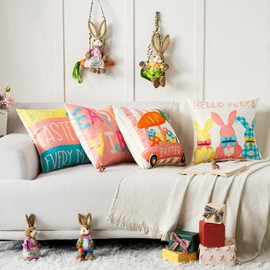 Volcanics Set of 4 Easter Pillow Covers 20x20 Inch, Hello Peeps Bunny Eggs Throw Pillow Covers, Happy Easter Holiday Colorful Spring Cushion Cases, Farmhouse Easter Decor for Home Sofa Couch