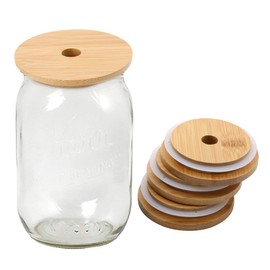 4Pcs Regular Mouth Bamboo Mason Jar Lids with Straw Hole Reusable Bamboo Caps Leak-Proof Glass Canning Drinking Storage Jars Lid Covers (70mm)