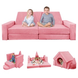 YEFU 15pcs Modular Kids Play Couch, Kids Couch for Toddler & Children, Toddler Couch, Kids Couch Fort Building kit for Playroom Furniture, Kids Play Couch, Convertible Sofa for Boys & Girls, Pink