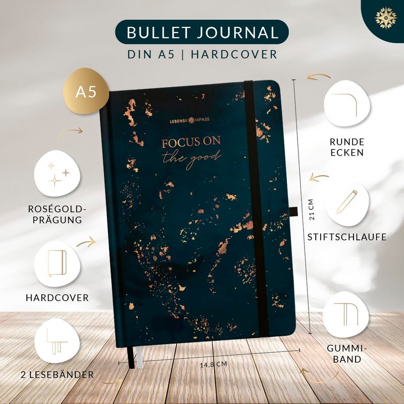 Bullet Journal Notebook A5 Dotted, Incl. Pen Holder, Frog Pocket,