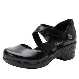 Alegria Women's Savina Noir Slip on Leather Wedge Mary Jane Cross Strap Heel Shoe 9 M US