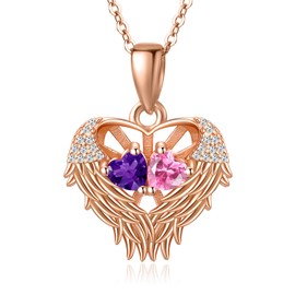 Angel Wings Necklace Sterling Silver Rose Heart Birthstone Necklace Amethyst Tourmaline Necklace February October Birthstone Jewelry Fine Jewelry Romantic Gifts for Women, Sterling Silver, Tourmaline