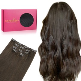 WENNALIFE Clip-In Real Hair Extensions, 80 g, 5 Pieces, 50 cm, Light Dark Brown Extensions, Clip-In Remy Clip-In Extensions, Natural Hair Extensions, Real Hair