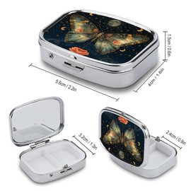Metal 2 Compartment Pill Organizer Travel Friendly Portable Compact Pill Box Cute Pill Case to Hold Vitamins,Fish Oil,Supplements,Meds,Tablet for Purse,Pocket. (Butterflies in The Night)