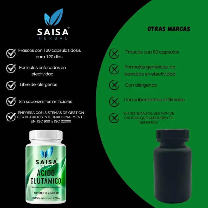 Ácido Glutámico 100% Puro | 120 Cápsulas | Saisa Herbal