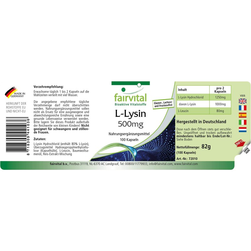 L-Lysine Hochdosiert 500mg (100 Capsules – Vegetarian – Pure L-Lysine