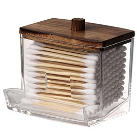 Tbestmax 7 OZ Cotton Swab Pads Holder, Qtip Cotton Buds Ball Dispenser, Bathroom Containers Apothecary Jar for Storage Brown Wood Lids 1 Pcs