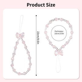 Reownest 2 Pack Phone Lanyard Charm Set - White & Pink Sparkling Bowknot Love Beaded Chain, Aesthetic Wrist Strap for Women Girls, Multi-Purpose Cellphone Bag Key Accessory - Sparkle