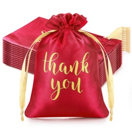 Sieral 50 Pcs Thank You Satin Gift Bags with Drawstring Jewelry Candy Bags for Women Christmas Wedding Baby Shower Birthday Holiday Party Thank You Gifts Wrap for Guest(Red,5 x 7 Inch)