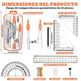 Lumbor37 Geometría 10Piezas, Juego de Geometría Metálica, Math Set, Incluye Reglas, Transportador, Compás, Herramientas Resistentes para el Estudio de