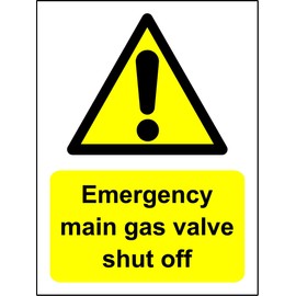 EMERGENCY MAIN GAS VALVE SHUT OFF SIGN - 1.2mm rigid plastic 150mm x 200mm