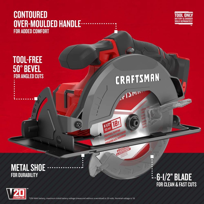 CRAFTSMAN V20 Cordless Circular Saw, 6-1/2 inch, Bare Tool Only