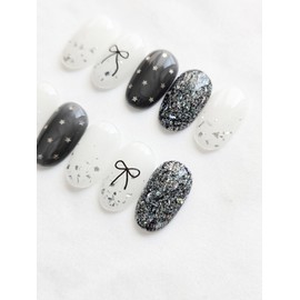 Black Ribbon Nail ★ Star Spangle Point ★ Handmade Nail Tip - Short Round / 블랙리본네일 ★ 별 스펭글 포인트 ★ 수제네일팁 - 숏라운드