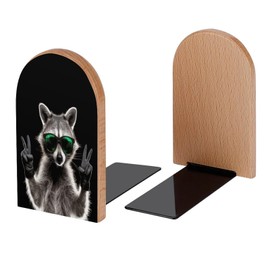 Buyidec Book Ends Funny Raccoon Green Sunglasses Wood Bookends for Shelves to Hold Books Heavy Duty Non-Skid Book Stoppers Wood Decorative Home Office School