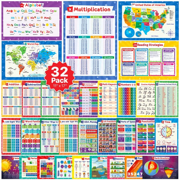 32 Set of 59 Colorful Educational Posters for Kids - 17x11, Multiplication Chart, Alphabet ABC Poster, Periodic Table, USA, World Map, Classroom Posters, Homeschool Supplies - Laminated & Flat, 17x11