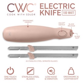 COOK WITH COLOR Electric Knife, 100W Power, Dual Stainless Steel Blades for Precise Cutting, Ergonomic Handle, Low Noise and Vibration, Ideal for Bread, Meat, and Vegetables, Blush