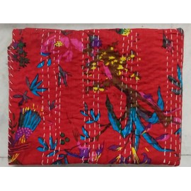 Indian Vintage Cotton Red Bird Printed Kantha Quilt Queen Handmade Tribal Bed Cover Reversible Bedspread Blanket Picnic Throw Floral Coverlet Old Sari Made Rally Assorted Patches 108x90 Inches