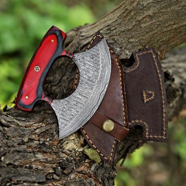 ZN CRAFTS Handcrafted Damascus Steel Alaskan Ulu Knife wisth Leather Sheath | Traditional Multi-Purpose Rocker Blade for Pizza Cutting, Chopping, Kitchen & Outdoor Use