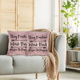 Swono Quote Set of 2 Square 18x18 Inch Throw Pillow Cover Stay Positive Work Hard Make It Happen Soft Pillowcases Arrow Cushion Covers for Home Sofa Couch Garden Bench Living Room Car Glitter Pink