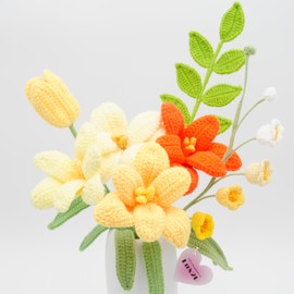 Handmade Crochet Flowers, Crochet Tulip Flowers with Leave and Long Stem, Assorted Colors (Yellow Orange Tulip Bouquet, 1)