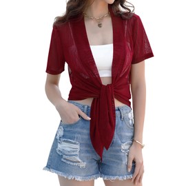 iClosam Women Sheer Shrug Tie Top Short Sleeve Summer Open Front Cardigans Plus Size Mesh Bolero Jacket Wine Red XXL