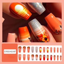 TBRZTR Sunset False Nails Press on Nails Long Length Flower Acrylic Nails Silver Glitter Powder Design Full Cover French Stick on Nails Artificial Coffin Nails Glossy Acrylic Glue on Nails for Women