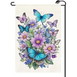 Butterfly Floral Spring Summer Garden Flag 12x18 Inch Vertical Double Sided Seasonal Purple and Blue Flower Small Flags Farmhouse Outside Decoration For Yard (ONLY FLAG) CX13