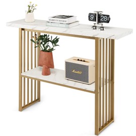 CLEEMAN Entryway Table with Storage, 2-Tier Narrow Sofa Table with Open Storage Shelf, Faux Marble Top, Metal Frame, Gold Console Table, Modern Console Tables for Entryway, Hallway, Living Room