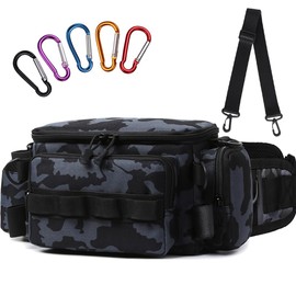 Cyoua Fishing Bag, Fishing Bag, Shoulder Tackle Bag, One Shoulder Bag, Large Capacity, Waterproof, Multifunction with 5 Carabiners, blue camouflage, black