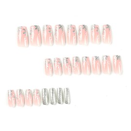 Medium Pink Square Press on Nails, Artificial Acrylic Fake Nails with Silver Maple Leaf Designs, 24Pcs Full Cover Reusable Coffin False Nails Set, Stick on Nails for Nail Art, Women Glue on Nails