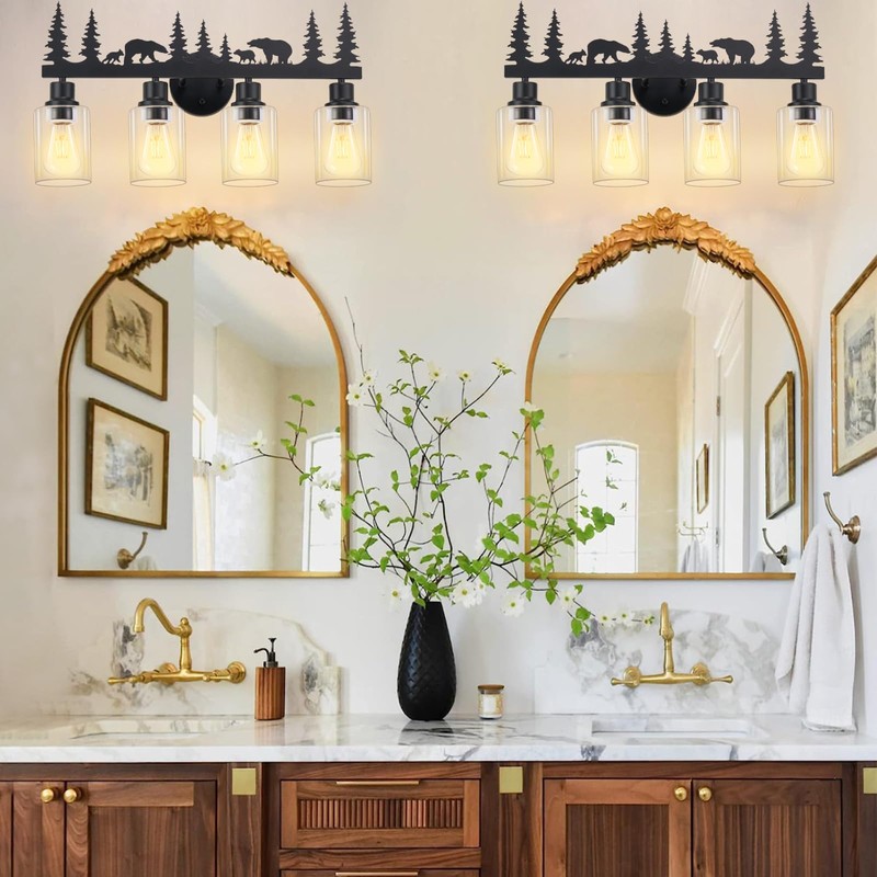 Monyohame Farmhouse Rustic Bear Bathroom Light Fixtures, 4-Light Black Vanity