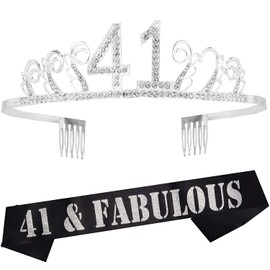 41st Birthday Gifts for Woman, 41st Birthday Tiara and Sash Silver, Happy 41st Birthday Party Supplies, 41& Fabulous Glitter Satin Sash and Crystal Tiara Birthday Crown for 41st Birthday Party Supply