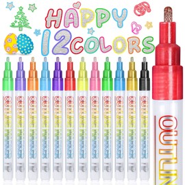 Outline Markers Double Line 12 Colors, Metallic Glitter Markers Outline Marker Pen Set for Kids 4-12 Year Old Girl, Stocking Stuffers for kids Teens for Art Supplies, Drawing, DIY Crafts