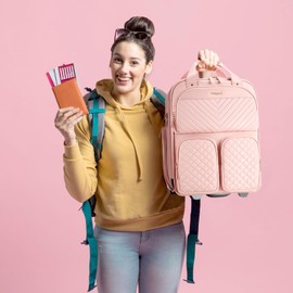 Arcoyard Underseat Carry On Luggage with Wheels, Airline Approved Personal Item Bag, Multiple Compartment Travel Carry-On with Leather Handle, Soft Side Lightweight Rolling Suitcase for Women, Pink, L