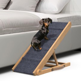 PATHOSIO Dog Ramp Bed Portable Dog Ramp Couch, Folding Pet Ramp for All Breeds Real Wooden Ramp for Dogs to Get on Bed, Adjustable Dog ramps for Small Dogs (Natural Wood - Grey Carpet, Small)