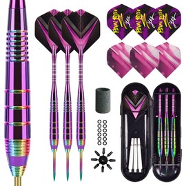 Lavishio Darts Set of 3 Professional Steel Darts, 23 g Dart with Metal Tip, Steel Darts Set, Target Darts, Steel Dart Set, 3 Aluminium Shafts, Extra 3 Dart Flights (Purple)