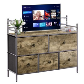 VECELO Dresser TV Stand for Bedroom with 5 Fabric Drawers, Entertainment Center for 32/40/43 in TVs, Media Console Table with Storage, Open Shelf, Adjustable Feet, Living Room Furniture, Rustic Gray