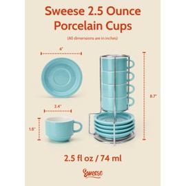 Sweese 2.5 Ounce Porcelain Stackable Espresso Cups with Saucers and Metal Stand Set of 4, Turquoise