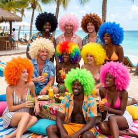 Hot Pink Afro Wig for Black Women, Funny 70s Disco Afro Wig with Heart Sunglasses Neon Colored Curly Synthetic Hair for Women Men Retro Disco Daily Cosplay Costume Crazy Hair Party Supplies