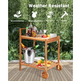 SPORFIT Wooden Serving Cart with Wheel,Outdoor Bar Cart Weatherproof,Portable Kitchen Cart,Patio Rolling Trolley Cart,Multi-use