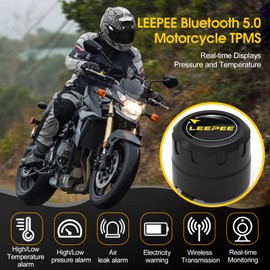 leepee Motorcycle Tire Pressure Monitoring System, Tire Pressure and Temperature Alarm, Wireless Motorcycle TPMS with 2 External Sensors, Support iOS and Android