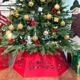 Nawbbzj Red Cutout Merry Christmas Tree Collar, Metal Christmas Tree Collars for Artificial Trees, Beautiful Tree Collar for Pencil Tree Decorates Your Holiday